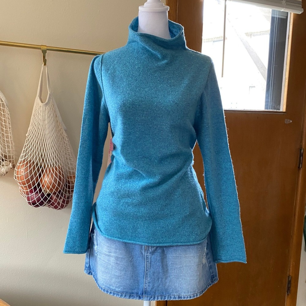 Nicole Miller 100% Cashmere Mock Neck Blue Sweater Medium Preppy Luxury Elevated